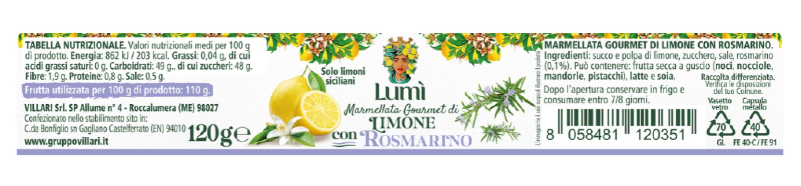 Marmellata gourmet Lumi di limone e rosmarino 12 vasetti da 120gr. Etichetta con valori nutrizionali e ingredienti